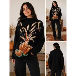 Rebecca & Company Vintage Pumpkin Harvest Sweater M Black Knit Fall Thanksgiving
